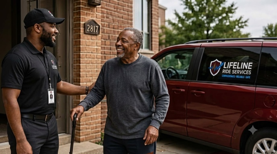 Lifeline Ride Services driver assisting an older Black gentleman with a cane, showing compassionate curb-to-curb service in Louisville
