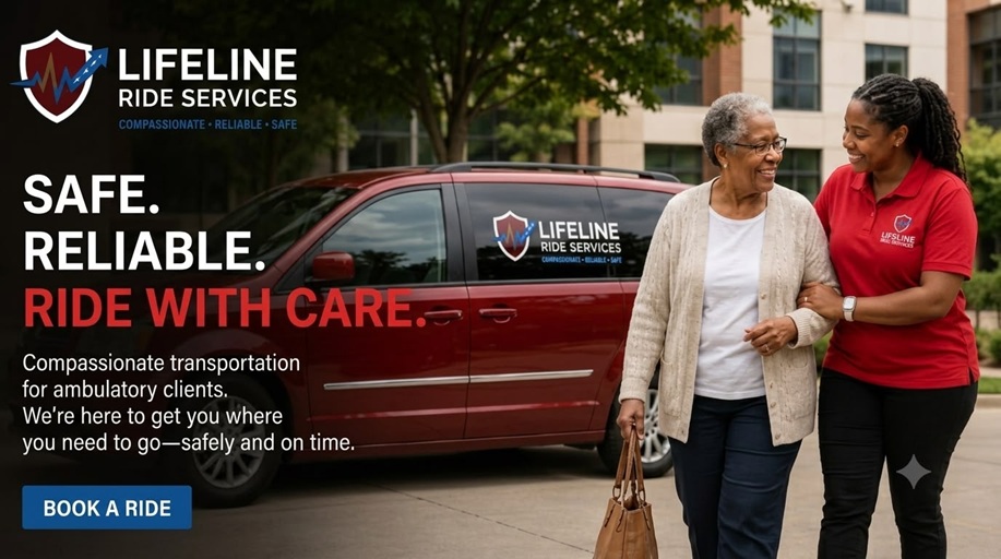 Lifeline Ride Services - Safe, Reliable, Ride with Care. Compassionate transportation for ambulatory clients. Black female driver assisting Black senior woman with Lifeline branded van.